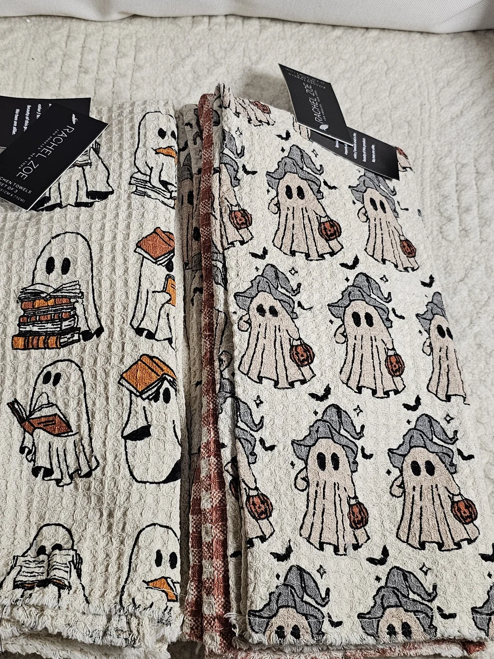 Ghost Print Kitchen Towels - Halloween Cotton Set Of 6 Ghost Book Reading